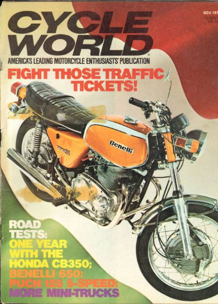 عکسی قدیمی از جلد یک مجله ی سایکل ورد که عکس موتورسیکلت بنللی نارنجی رنگ روی آن قرار دارد.