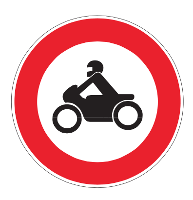 تابلوی علائم رانندگی دایره ای دور قرمز ، وسط دایره سفید و شکل یک موتورسوار سوار بر موتور